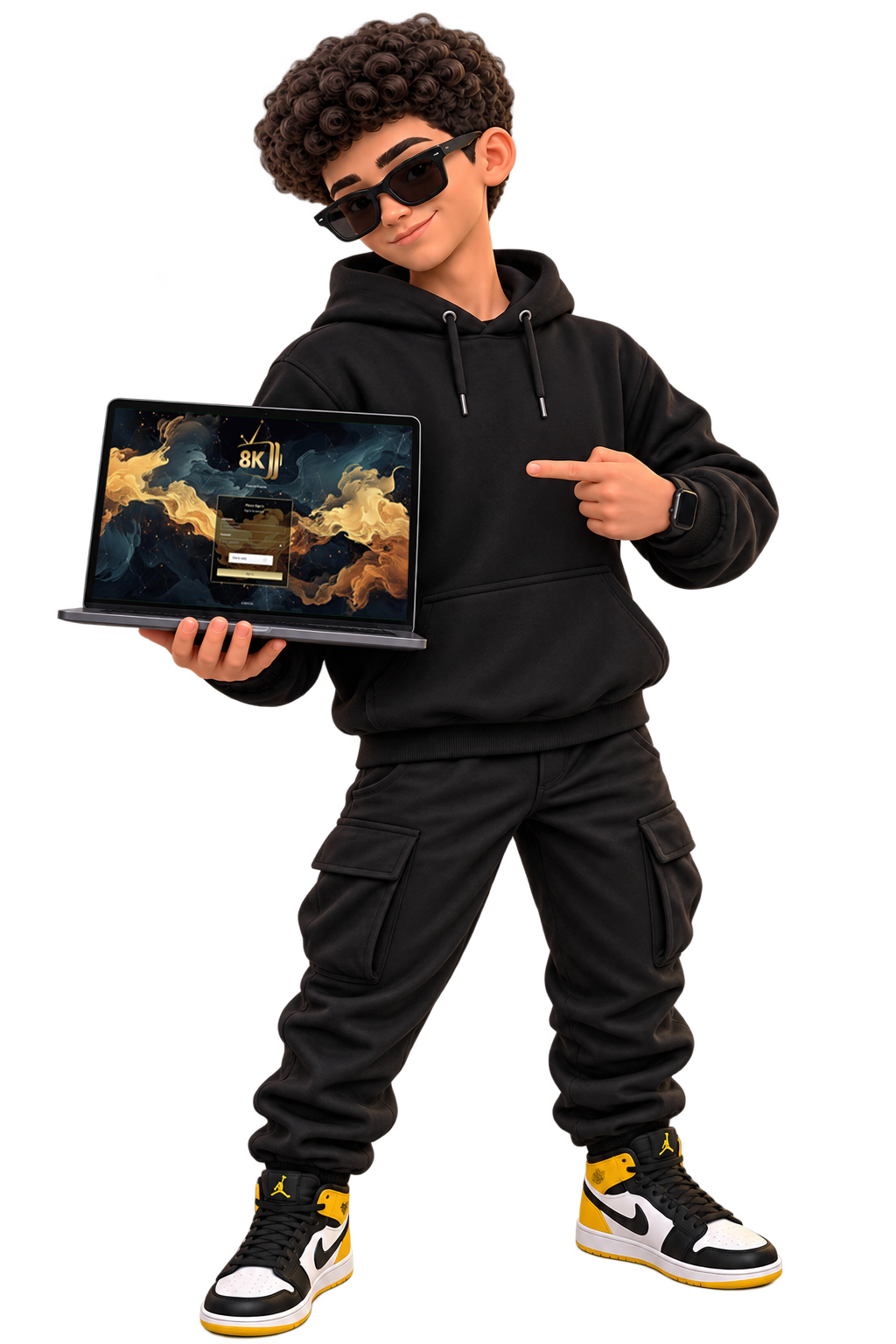 Strong 8K brand mascot presenting a laptop