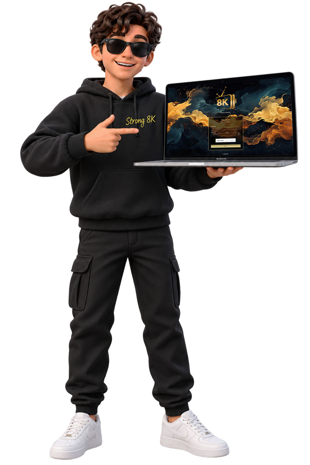 Strong 8K IPTV Panel dashboard displayed on a MacBook held by the 3D brand character