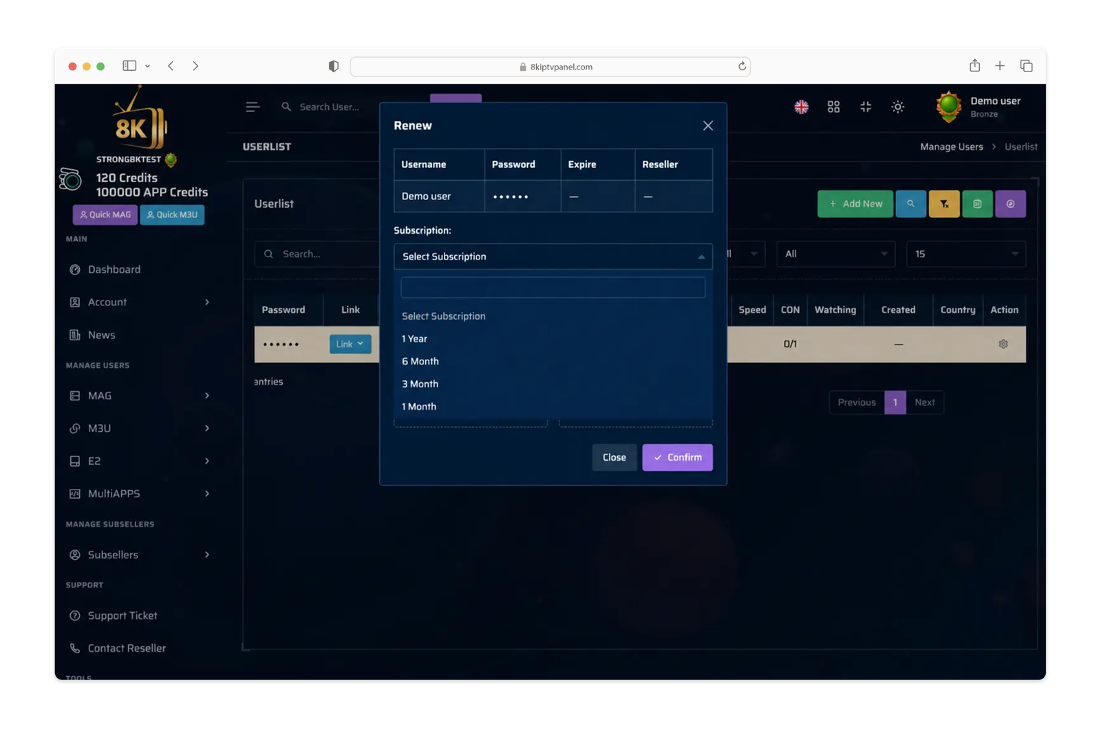 Strong 8K reseller panel interface showing the customer-line renewal workflow
