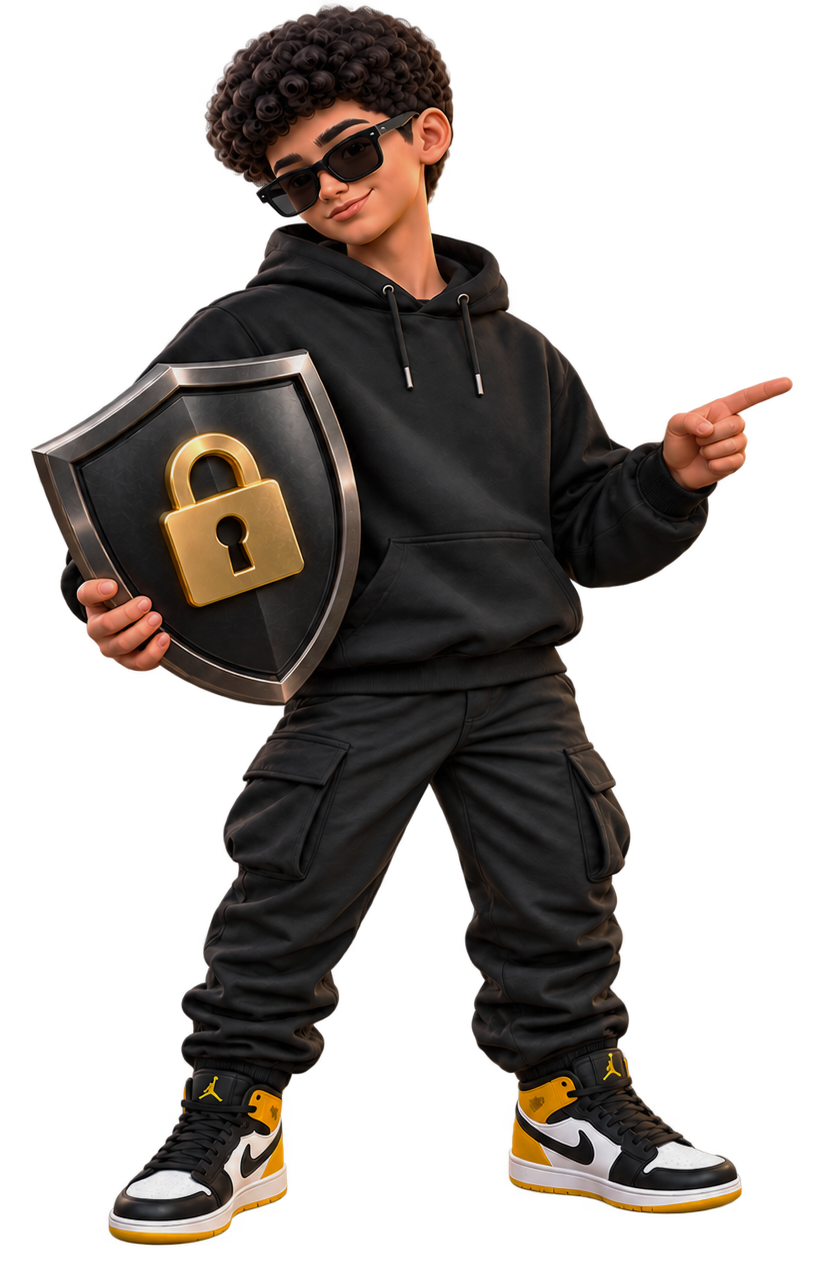 Strong 8K mascot holding a shield with a lock