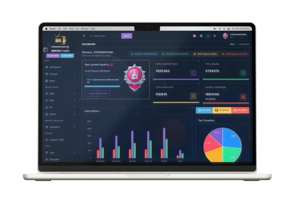 Strong 8K IPTV reseller panel dashboard displayed inside a MacBook mockup
